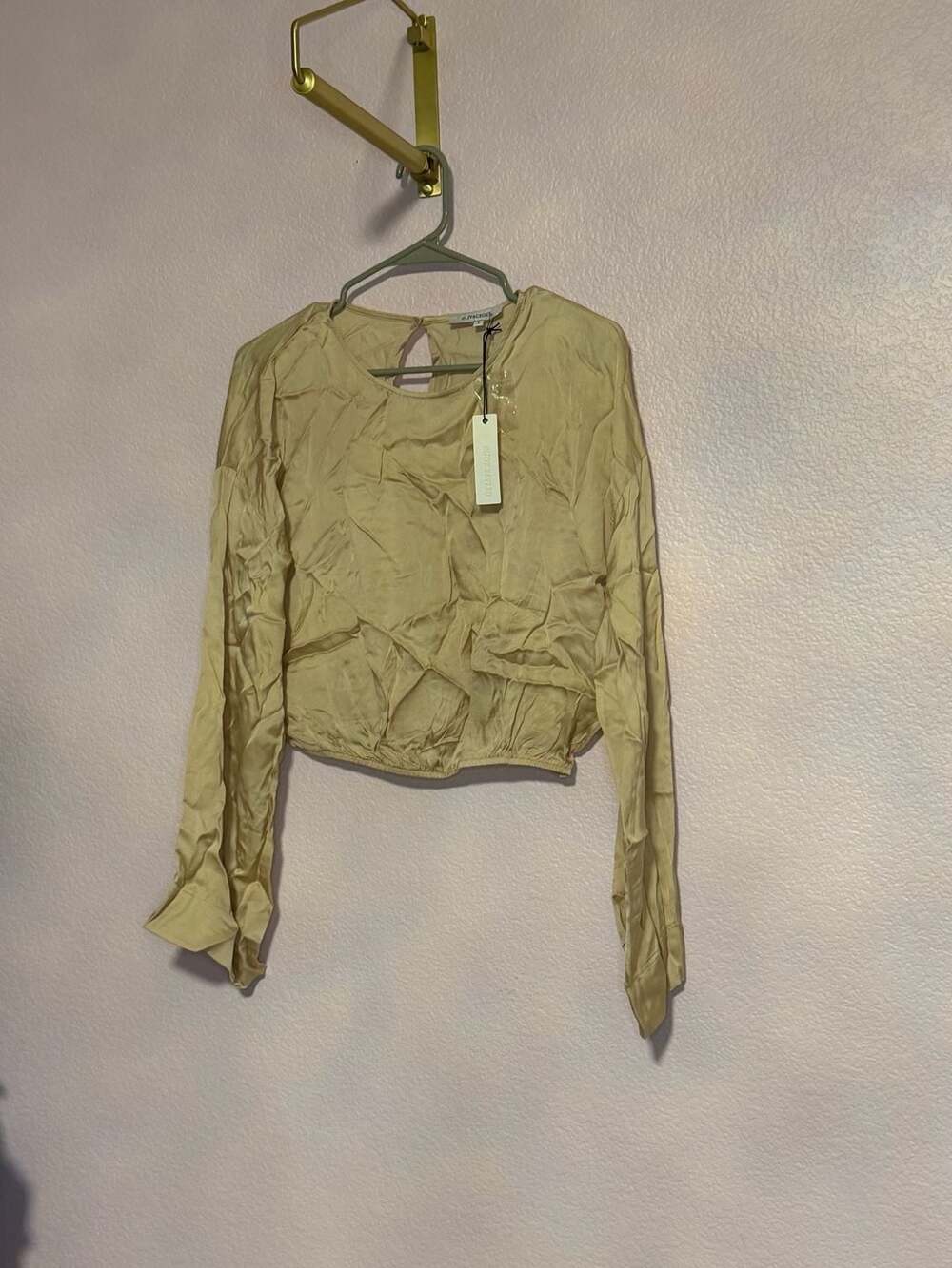 Olivaceous Long Sleeve Crop Top Size L Gold Satin Open Back